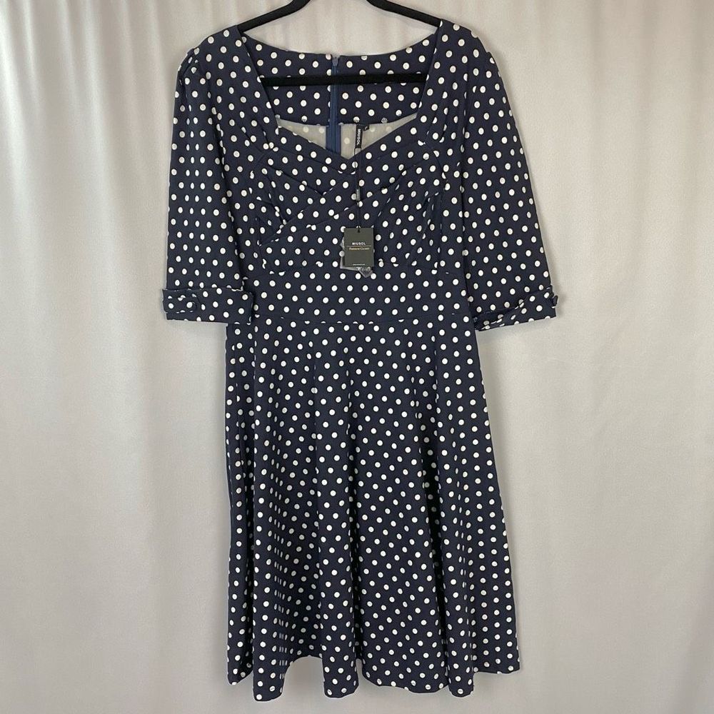 NWT Muisol Retro Style 50s Polka Dot Swing Dress Navy Women’s Sz XL Half Sleeve